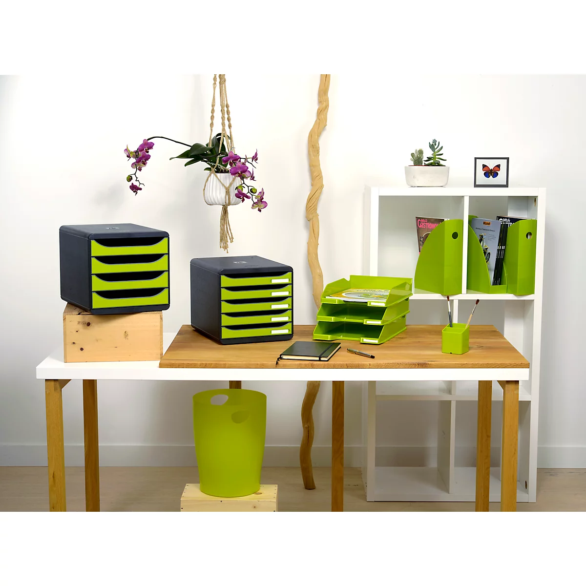 Schreibtisch mit Büromaterialien: Schubladen, Papierablage, Stifthalter, Papierkörbe, Pflanzen, Schmetterling. Farben: Grün, Anthrazit, Holz.