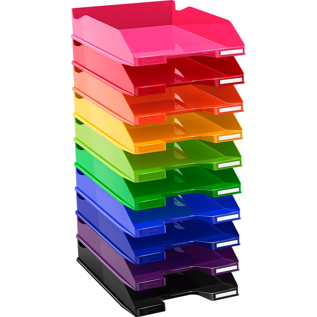 Ein Regenbogenfarbenes Ablagesystem, bestehend aus acht farbigen Fächern, übereinander angeordnet.
