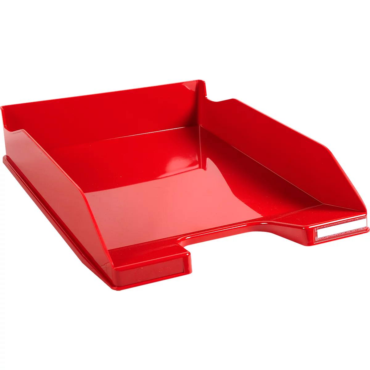 Rote Ablageschale aus Kunststoff, leicht schräg gestellt.