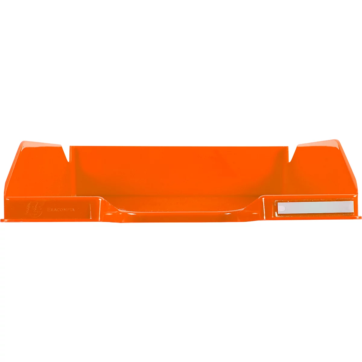 Orange, rechteckige Schreibtischablage mit zwei Seitenwänden und einem kleinen rechteckigen weissen Aufkleber.