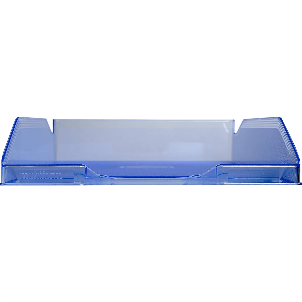 Blaue, transparente Stifthalterung, rechteckig mit erhöhten Seiten und Fächern.