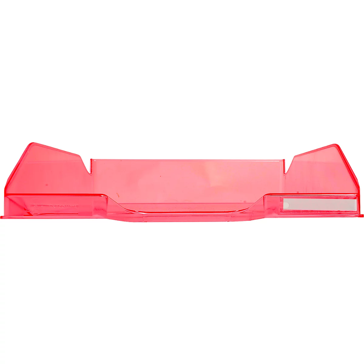 Transparente, rechteckige, rosa Ablageschale mit erhöhten Seiten und einem rechteckigen, weissen Aufkleber.