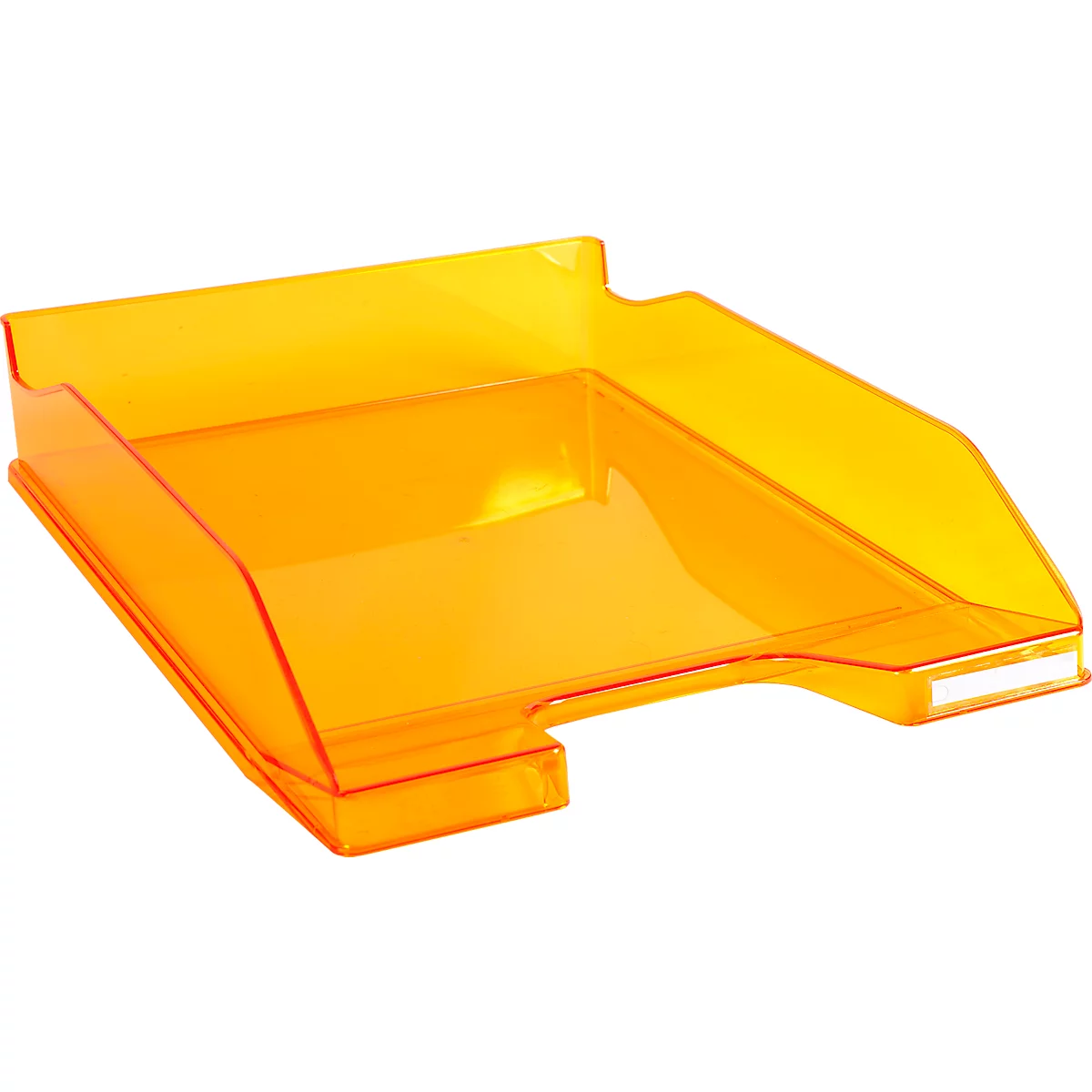 Durchsichtige, orangefarbene Schreibtischablage. Das flache Tablett hat erhöhte Seiten und ist aus Kunststoff gefertigt.