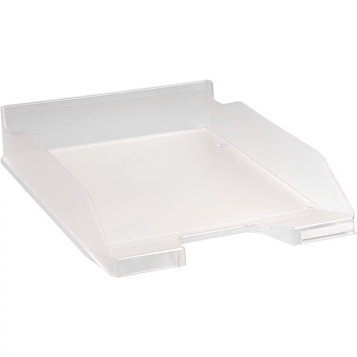 Transparenter, rechteckiger Papierkorb aus Kunststoff. Vorderseite niedrig, Seiten leicht schräg nach oben verlaufend.