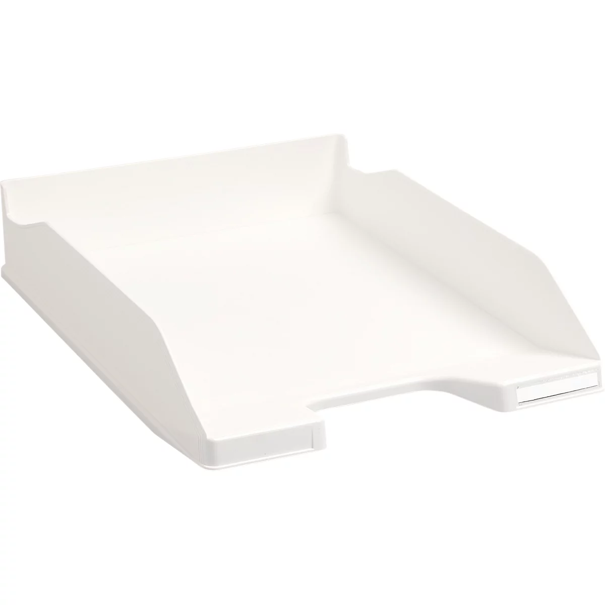 Weisses Papierablagefach, eckig, mit schrägen Seiten. Links ist es höher, rechts hat es eine Aussparung.