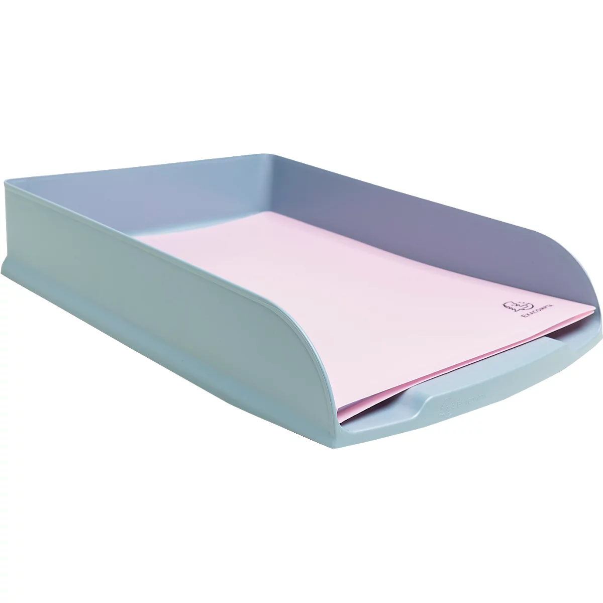 Hellblaues Ablagefach mit rosa Papier. Abgerundete Ecken, niedriges Design.