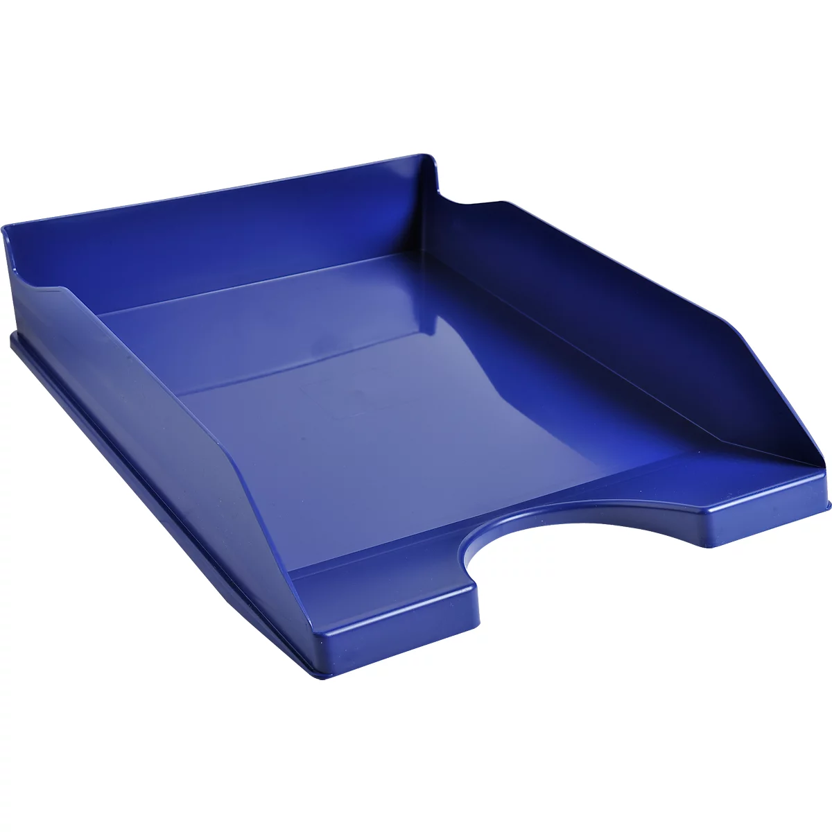 Blaue Ablageschale für Papier. Das Fach ist aus Kunststoff und hat eine rechteckige Form mit abgerundeten Ecken.