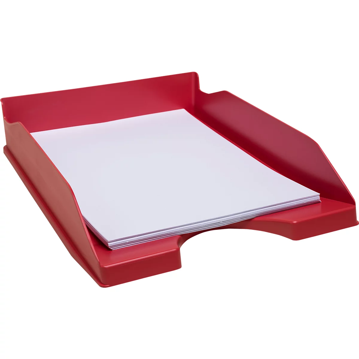 Rote Ablageschale mit Papierstapel. Schale aus Kunststoff, stapelbar. Neutraler Hintergrund.