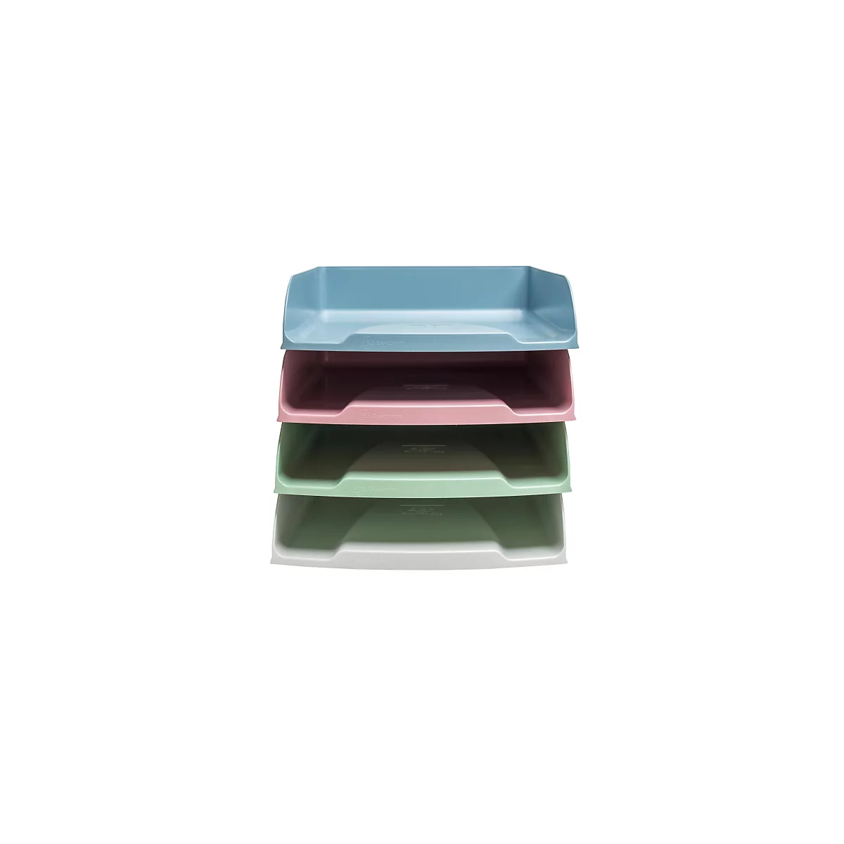 Vier farbige Ablagefächer übereinandergestapelt. Von oben nach unten sind sie blau, rosa, grün und weiß.