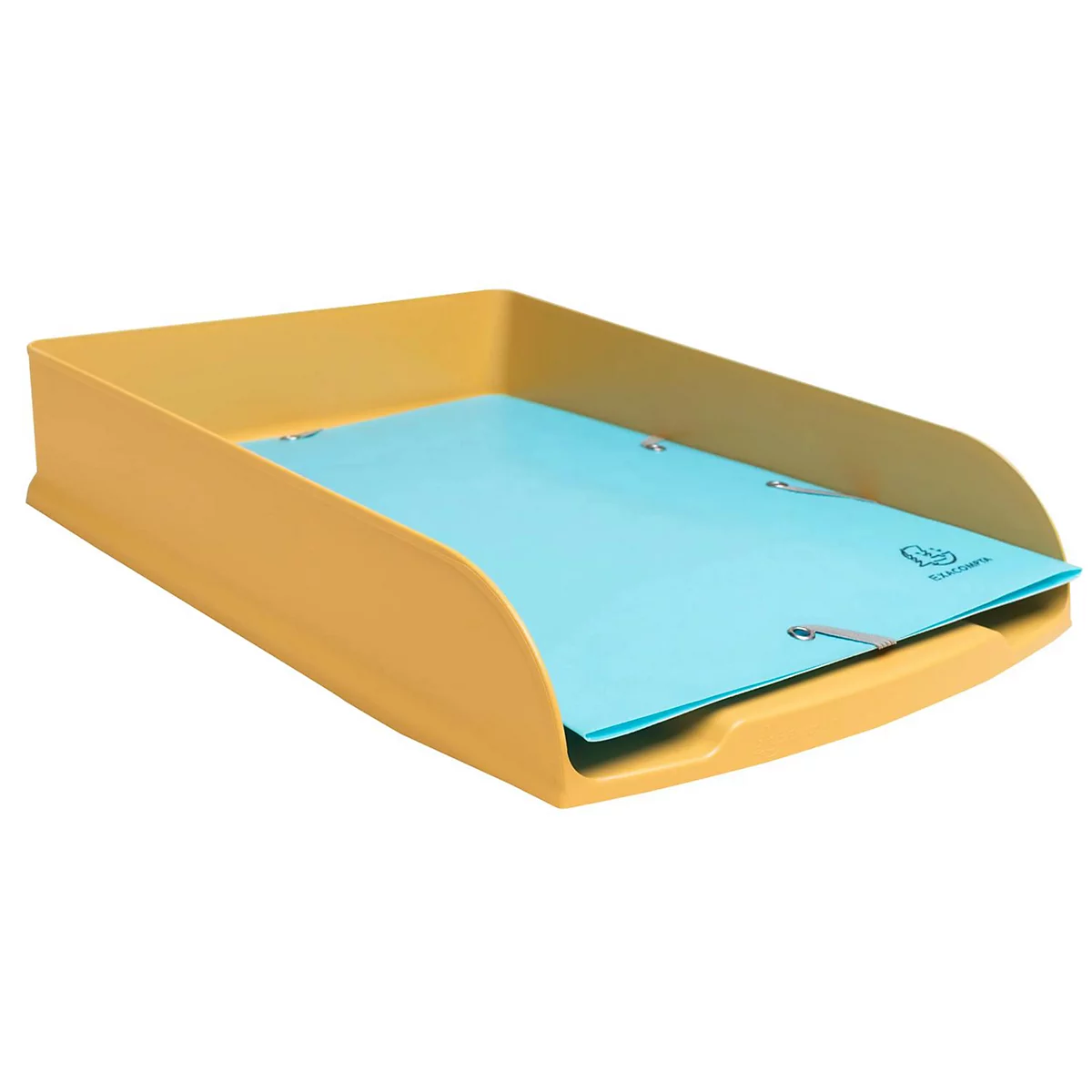 Gelbe Schreibtischablage mit blauer Ablage, im Hintergrund weiß.