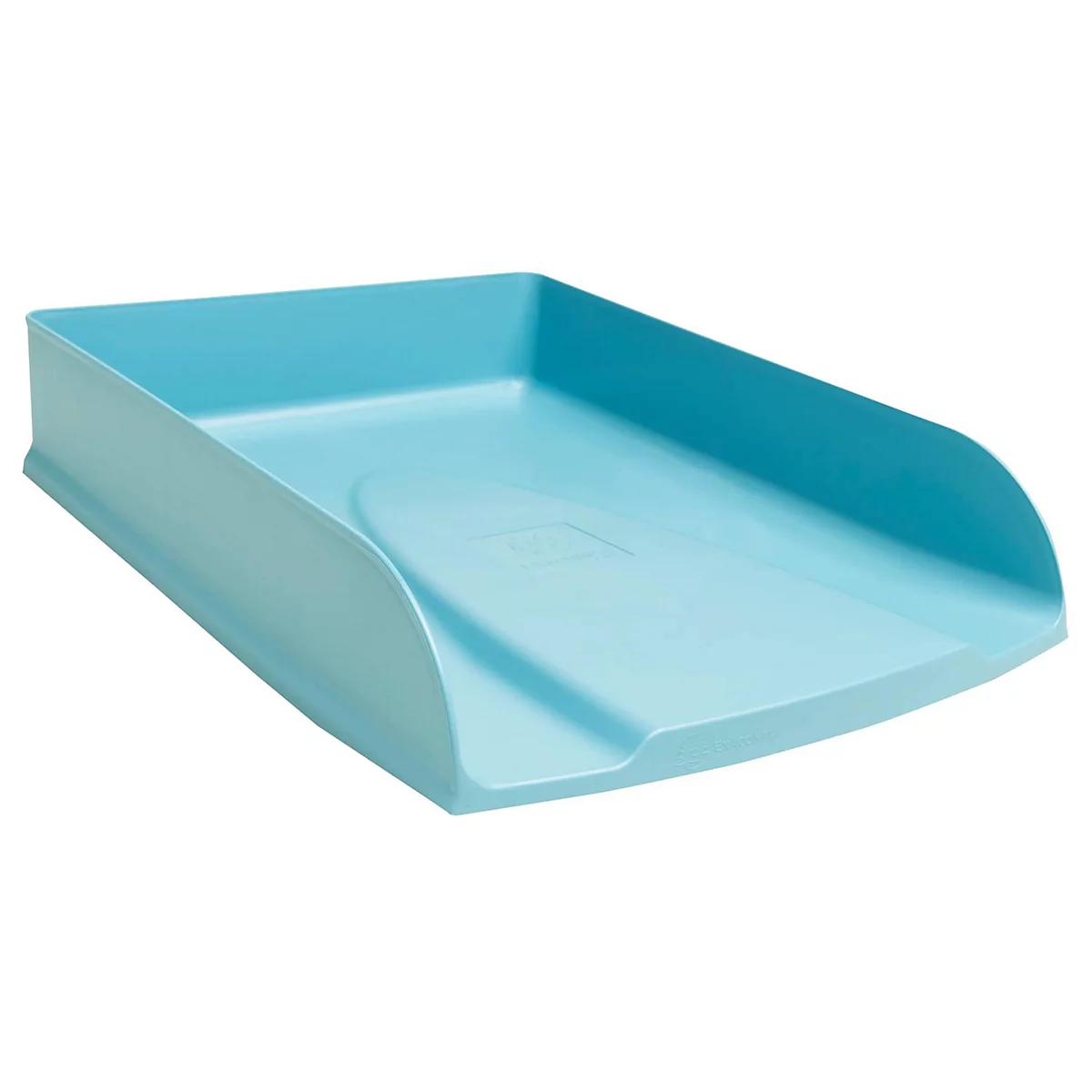 Hellblaues, leeres Ablagefach mit abgerundeten Kanten. Das Fach hat leicht abfallende Seiten.
