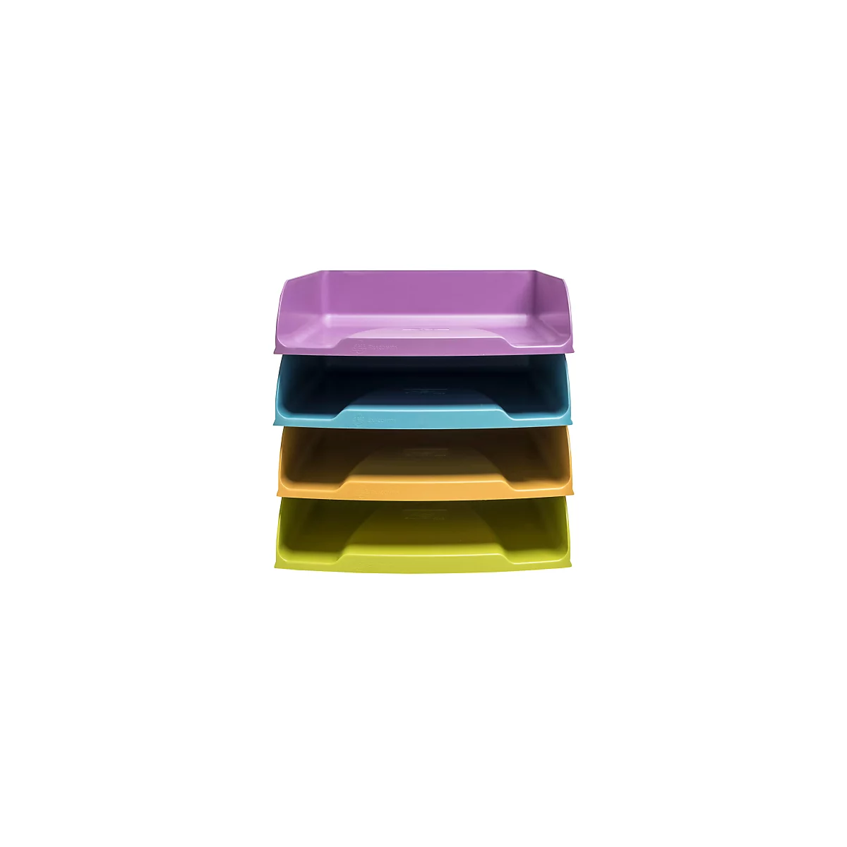 Vier farbige Ablagefächer übereinandergestapelt. Von oben nach unten: lila, blau, gelb, grün.