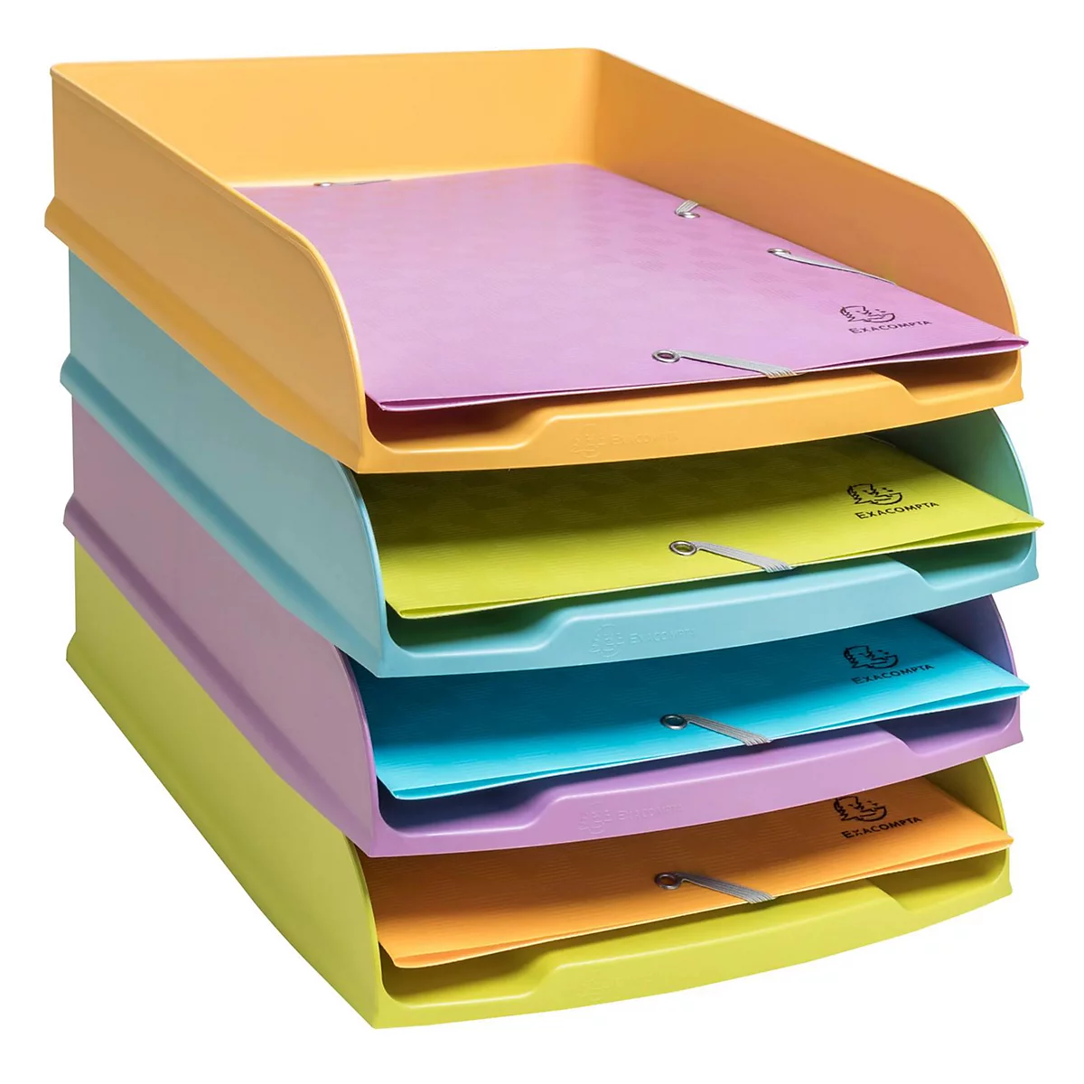 Gestapelte Ablagekörbe in verschiedenen Farben, gefüllt mit farbigem Papier.