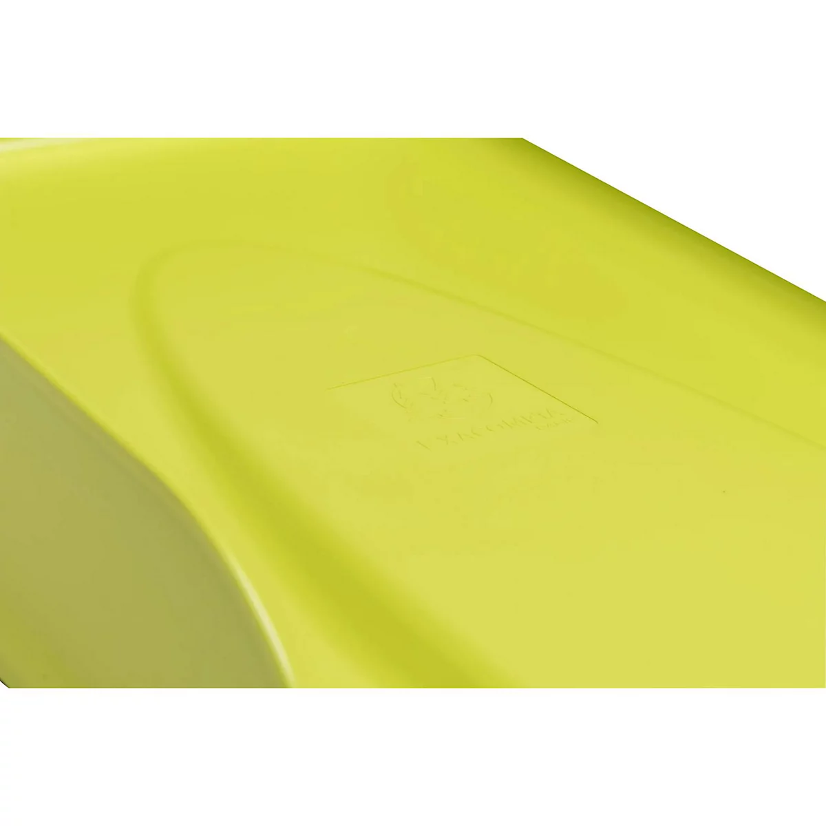 Nahaufnahme eines hellgelben Kunststoffdeckels mit einer geprägten Beschriftung.