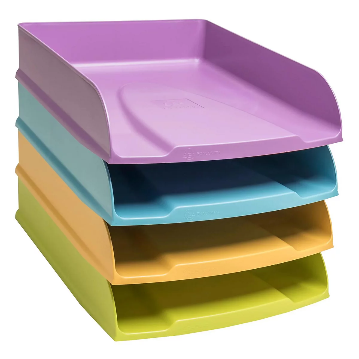Vier mehrfarbige Briefablagen in Lila, Blau, Gelb und Grün, gestapelt. Die Ablagen haben eine leicht gebogene Form.
