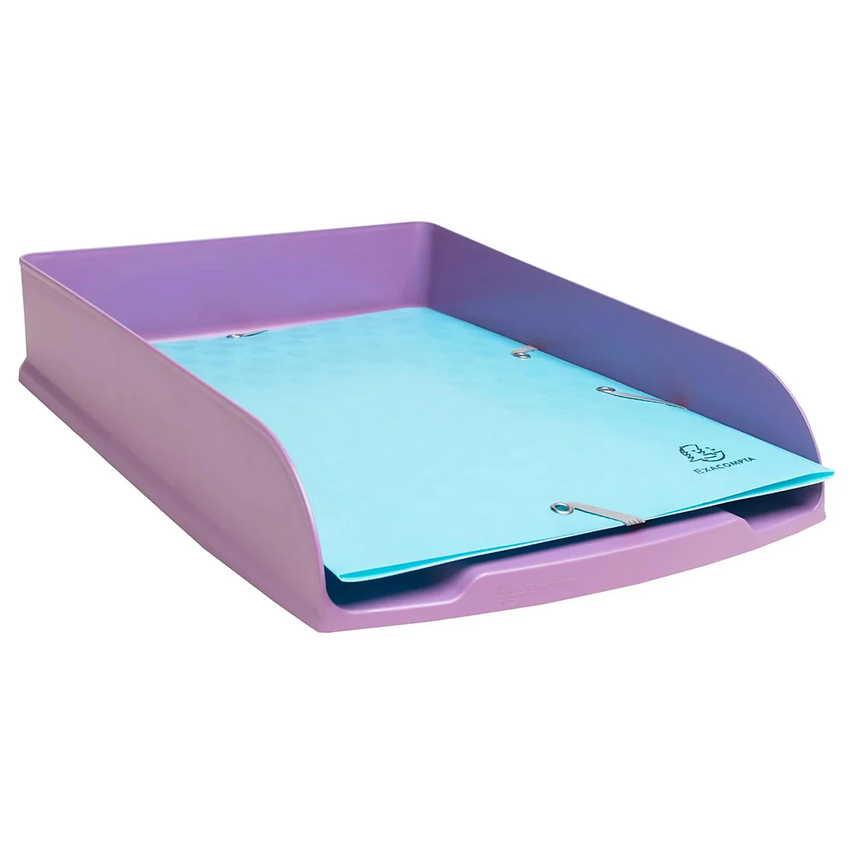 Helllila Ablageschale, mit hellblauem Papier, mit einem Stift. Sie steht auf einem weissen Hintergrund.