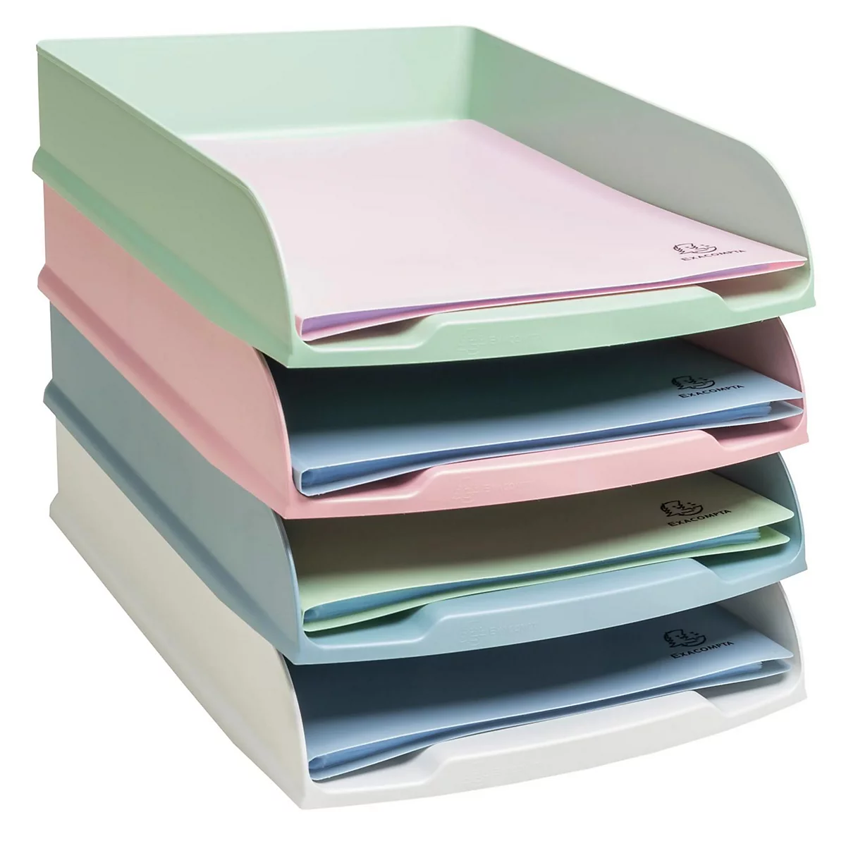 Veelkleurige brievenbakorganizer met vier compartimenten. Elke lade heeft een andere kleur: groen, roze, blauw en wit. Er liggen papieren in elk compartiment.
