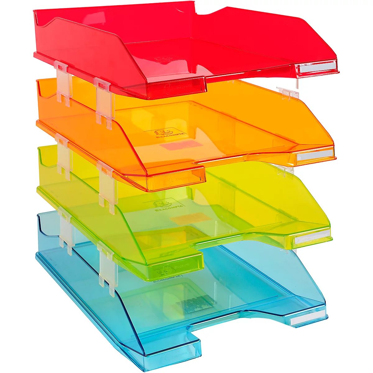 Veelkleurige brievenbak met vier niveaus. Rood, oranje, geel en blauw, transparant materiaal. Voor kantoor of thuiskantoor.