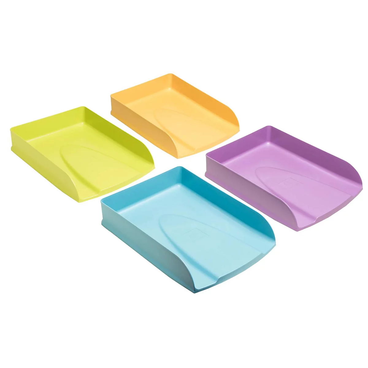Vier gekleurde trays: geel, lichtblauw, geelgroen en paars.