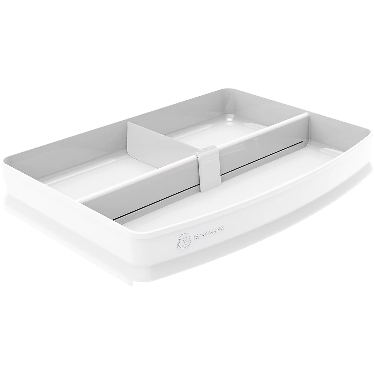 Plateau de bureau rectangulaire blanc avec compartiments, coins arrondis et un logo.