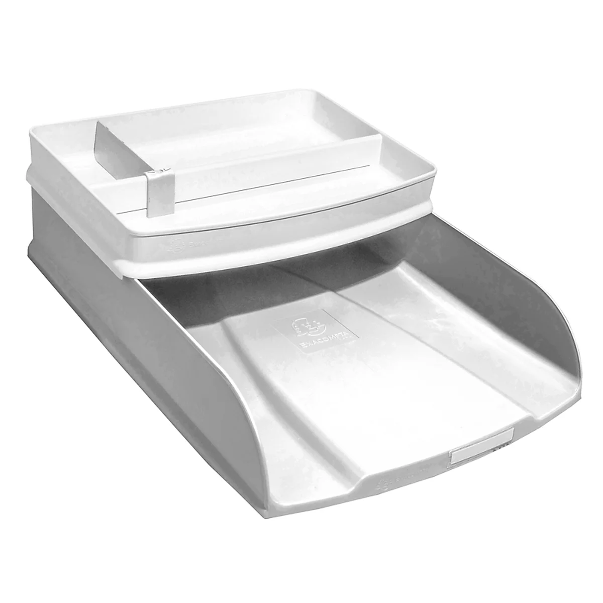 Système de rangement blanc, plateau supérieur avec compartiments, en dessous une glissière inclinée, pour papiers ou objets.