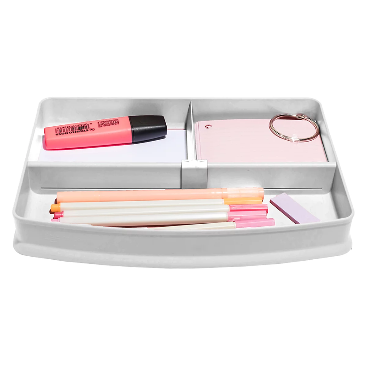 Plateau de bureau gris rempli de marqueurs, de notes et de bijoux.