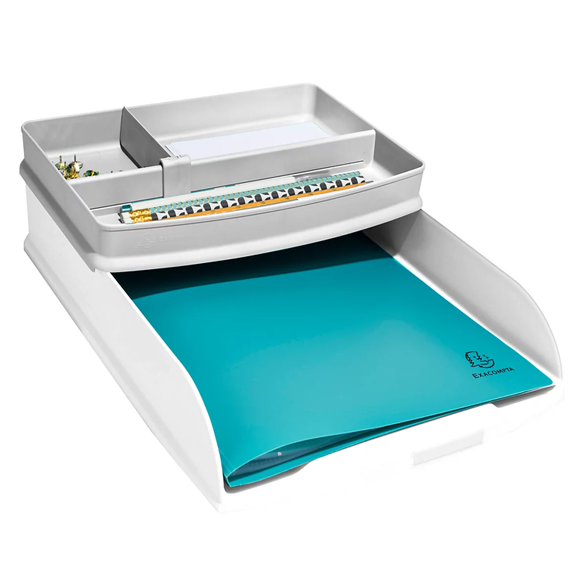 Een wit-grijze bureau-organizer met een blauwe inleg die sieraden en kantoorbenodigdheden bevat.