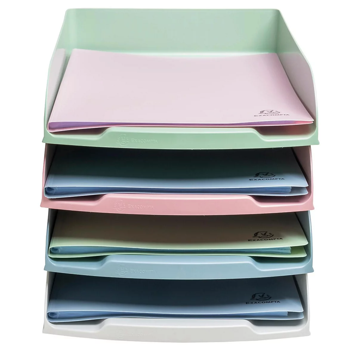 Plateau à lettres multicolore avec 5 compartiments. Chaque compartiment contient des feuilles colorées.