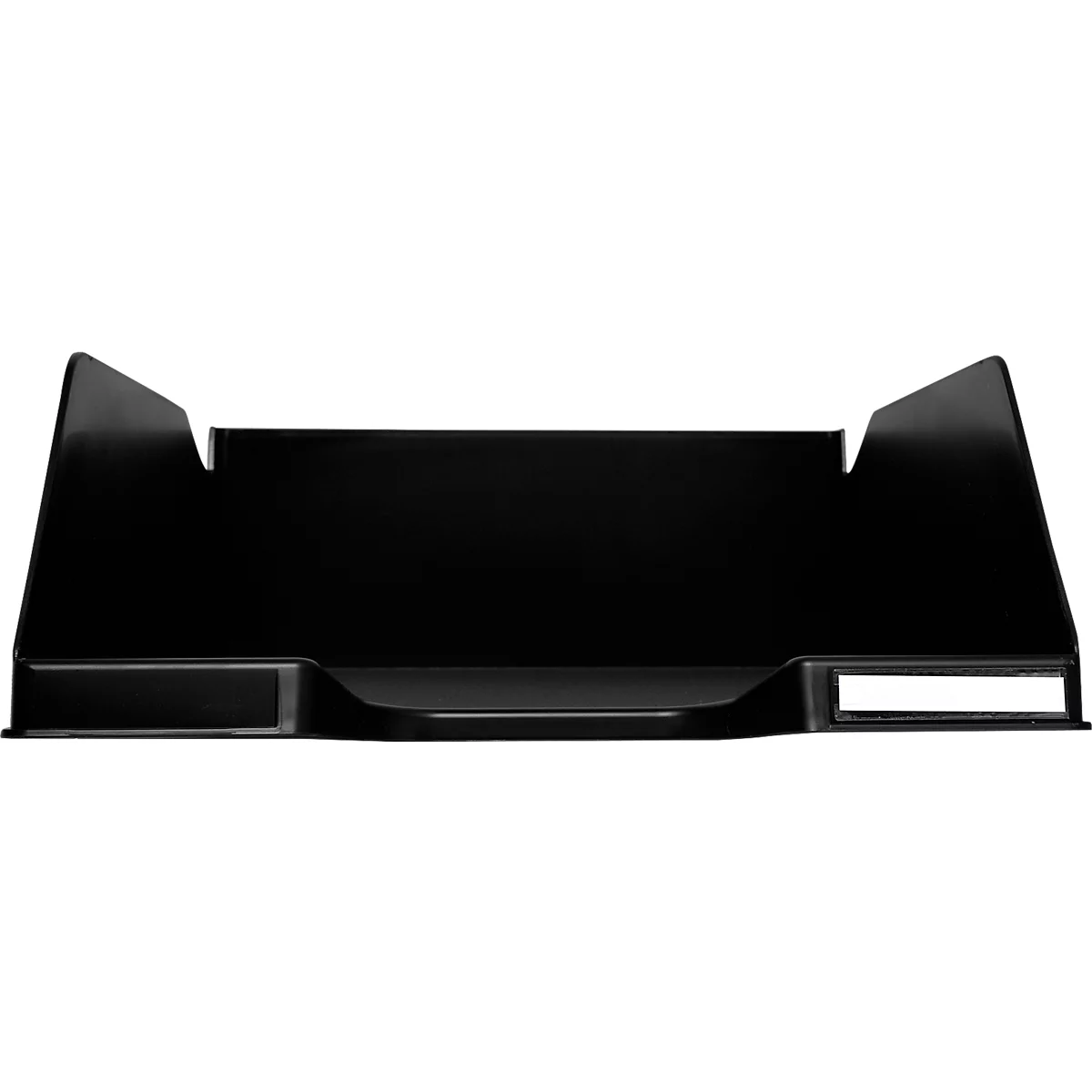 Trieur à papier noir et rectangulaire avec des côtés surélevés et une découpe sur le devant.