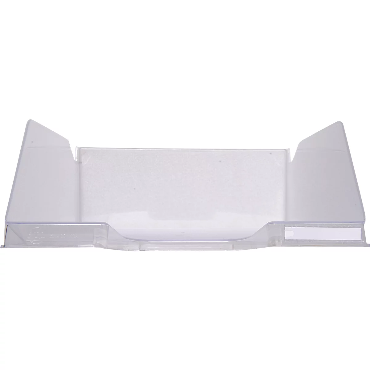 Bac de rangement rectangulaire transparent avec côtés surélevés et deux découpes en bas.
