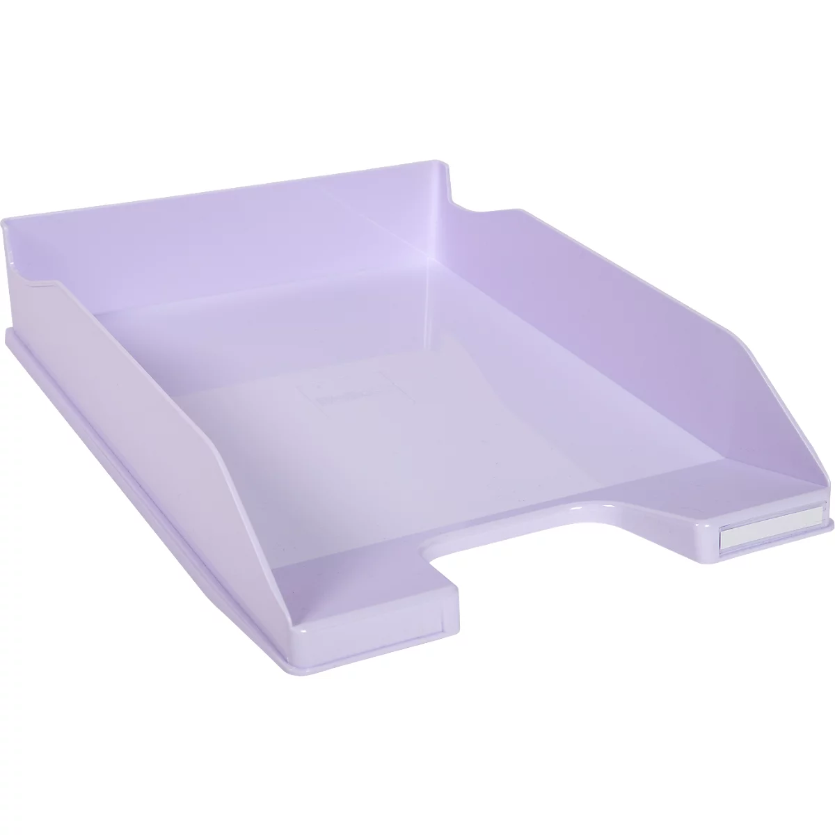 Bac à lettres en plastique lilas clair, avec une forme légèrement inclinée et une découpe rectangulaire.