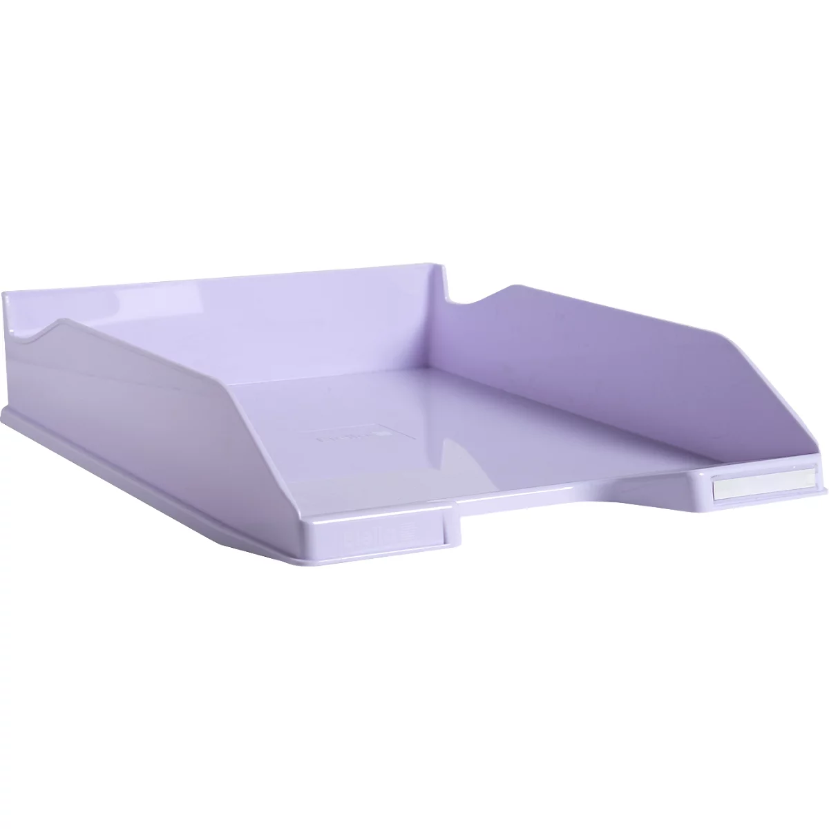 Bac de bureau en plastique lilas clair, rectangulaire, avec des bords surélevés et des découpes.