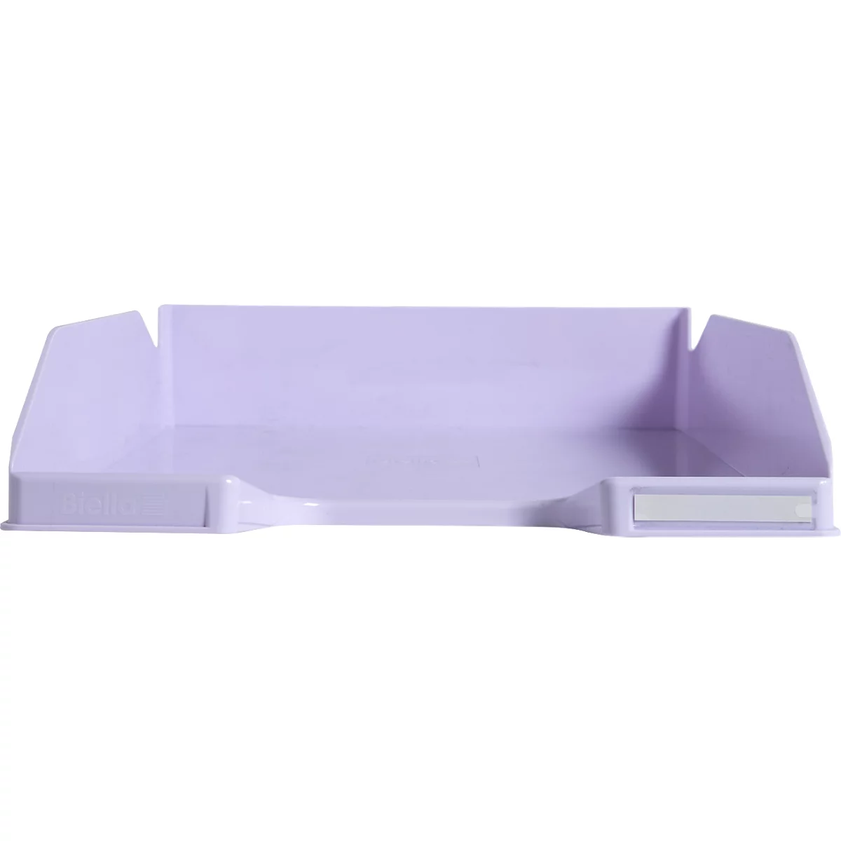 Bac en plastique lilas clair avec un dossier haut, rectangulaire et aux côtés arrondis.