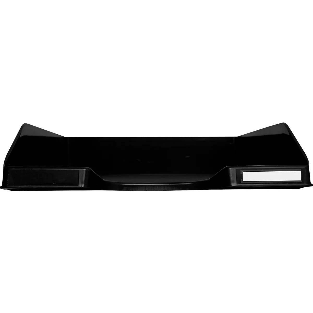 Un plateau en plastique noir, oblong, avec des côtés surélevés et deux renfoncements rectangulaires à l'avant.