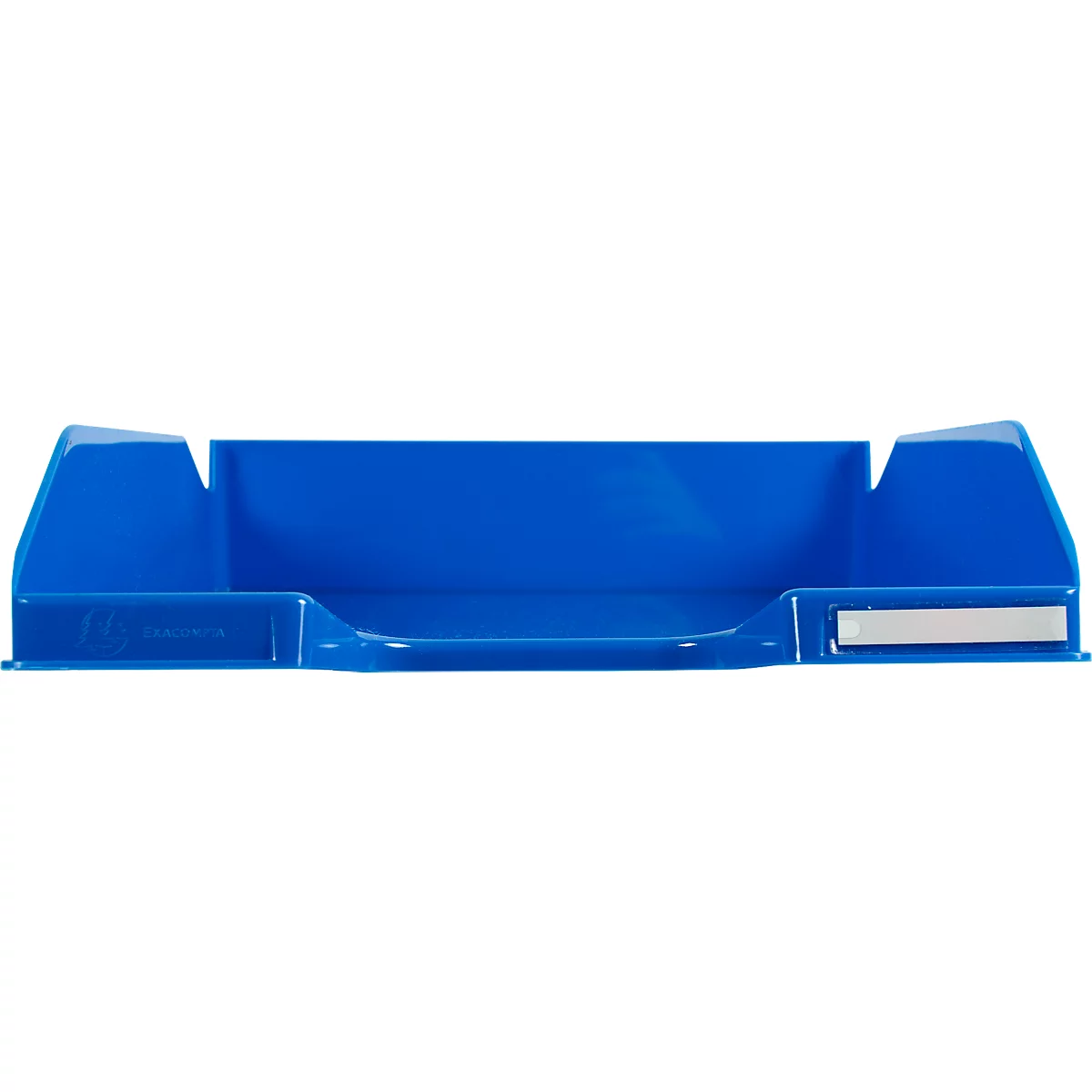 Plateau en plastique bleu, rectangulaire avec des côtés surélevés et un renfoncement pour un autocollant.