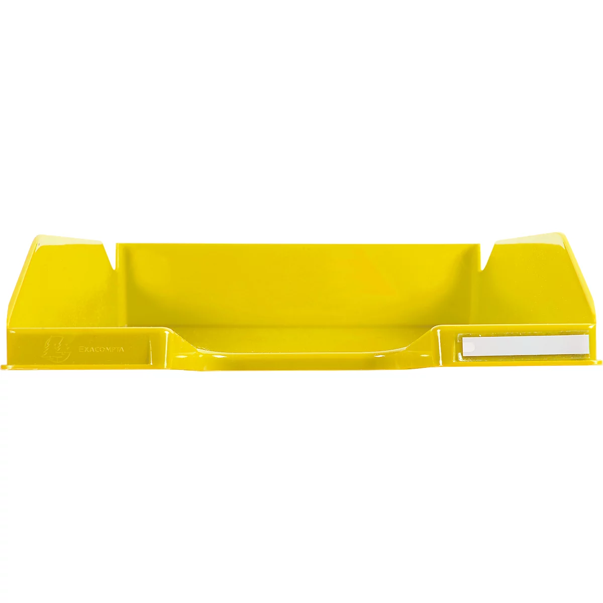 Bac jaune avec un dossier haut et une étiquette blanche. Matière plastique, forme claire.