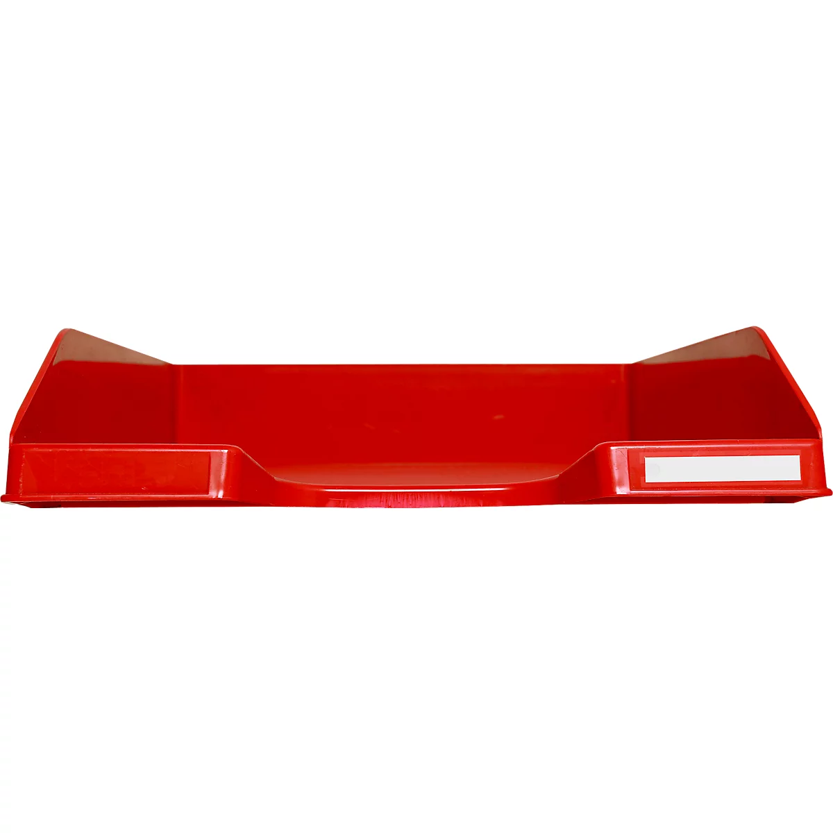 Plateau à lettres en plastique rouge avec deux rectangles. Le plateau a une forme incurvée.