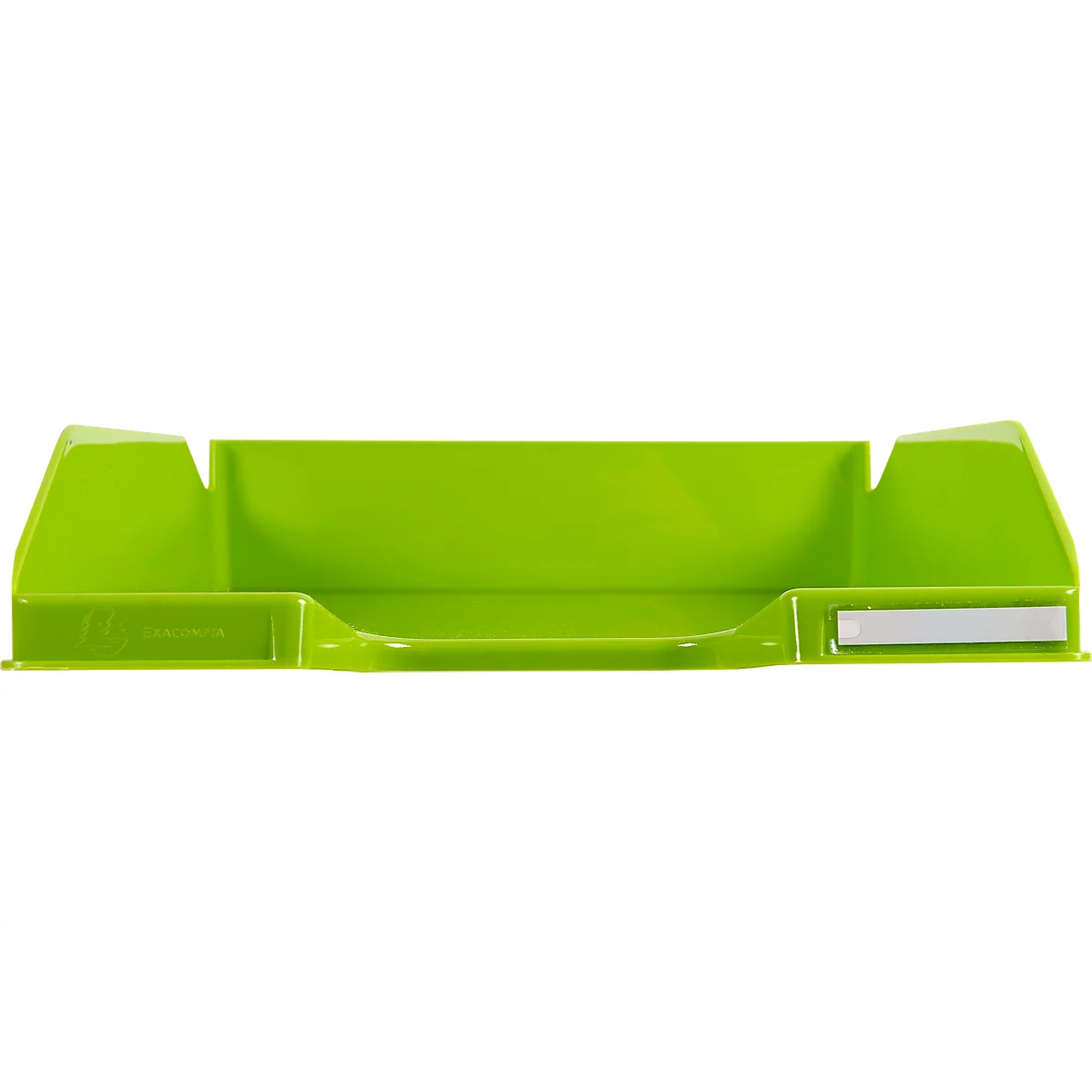 Bac de bureau vert, photographié légèrement en diagonale d'en haut. Il y a un rectangle blanc sur le côté droit.