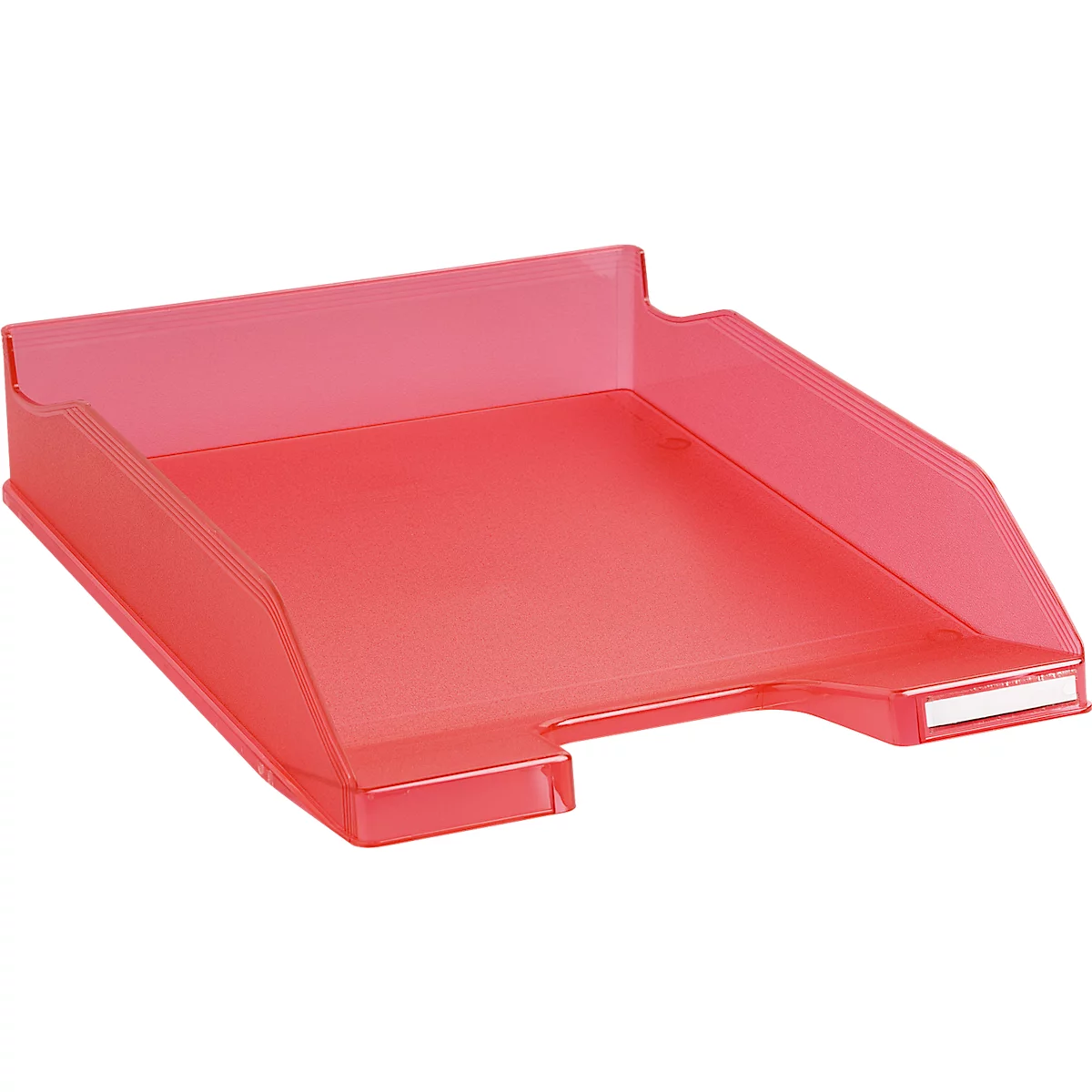 Bac à papier en plastique rouge. Vue en biais d'en haut.