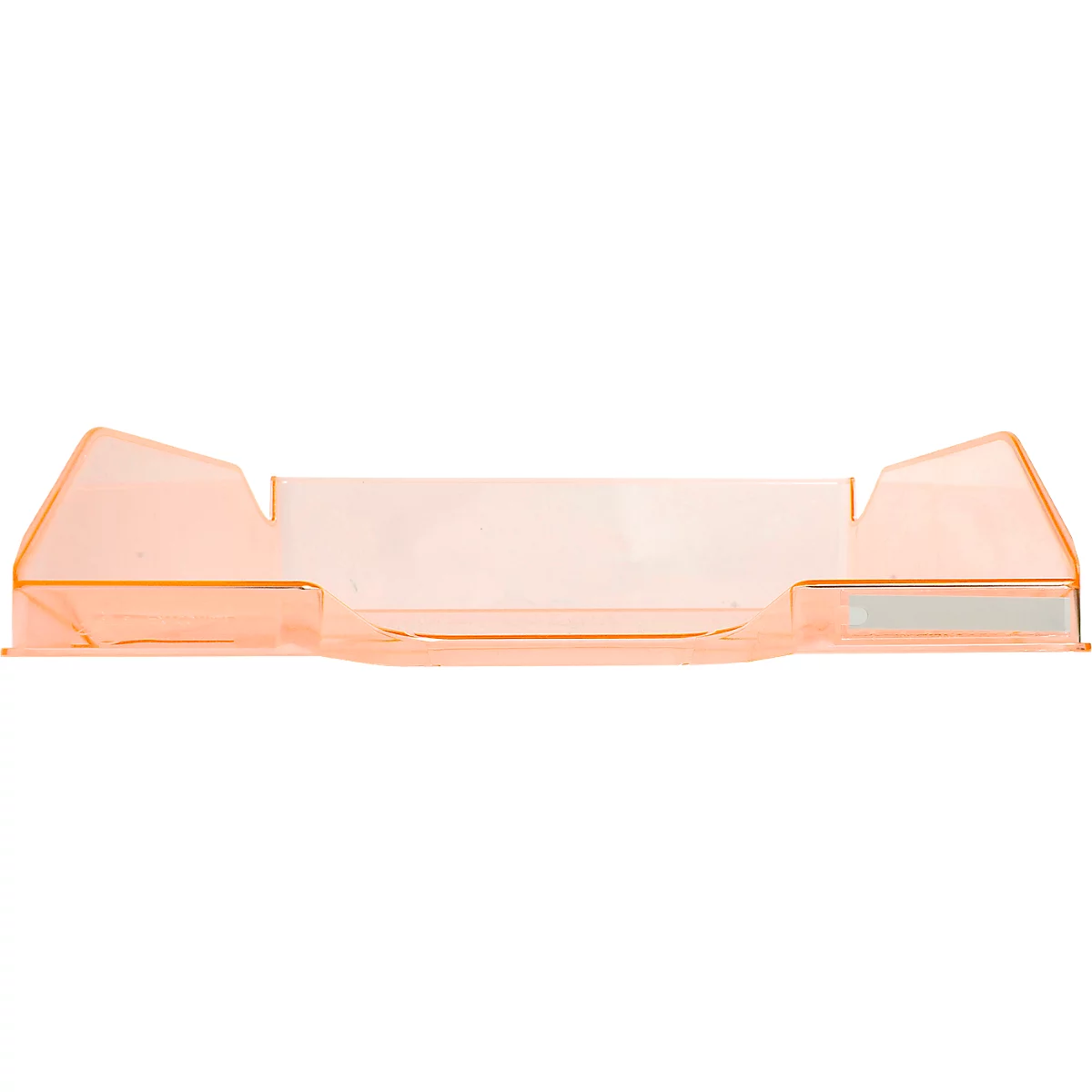 Plastique transparent et rectangulaire. Sur les côtés, il y a de grandes parties inclinées qui s'inclinent vers l'intérieur. Une petite bande grise est visible.