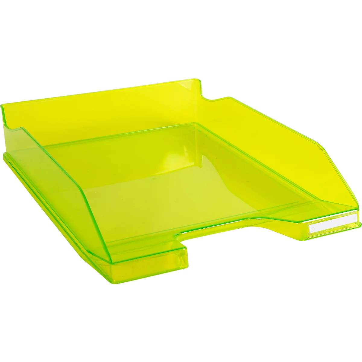 Bac de bureau jaune transparent. Forme rectangulaire avec des côtés surélevés et un renfoncement à l'avant.