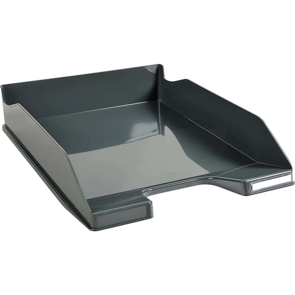 Plateau en plastique gris. Forme rectangulaire, un côté ouvert.