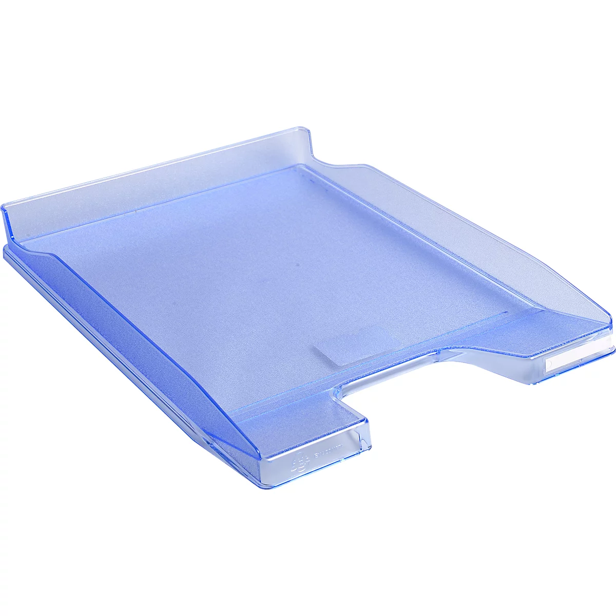 Bac de bureau bleu transparent. Comprend un bord légèrement surélevé d'un côté et une découpe de l'autre.