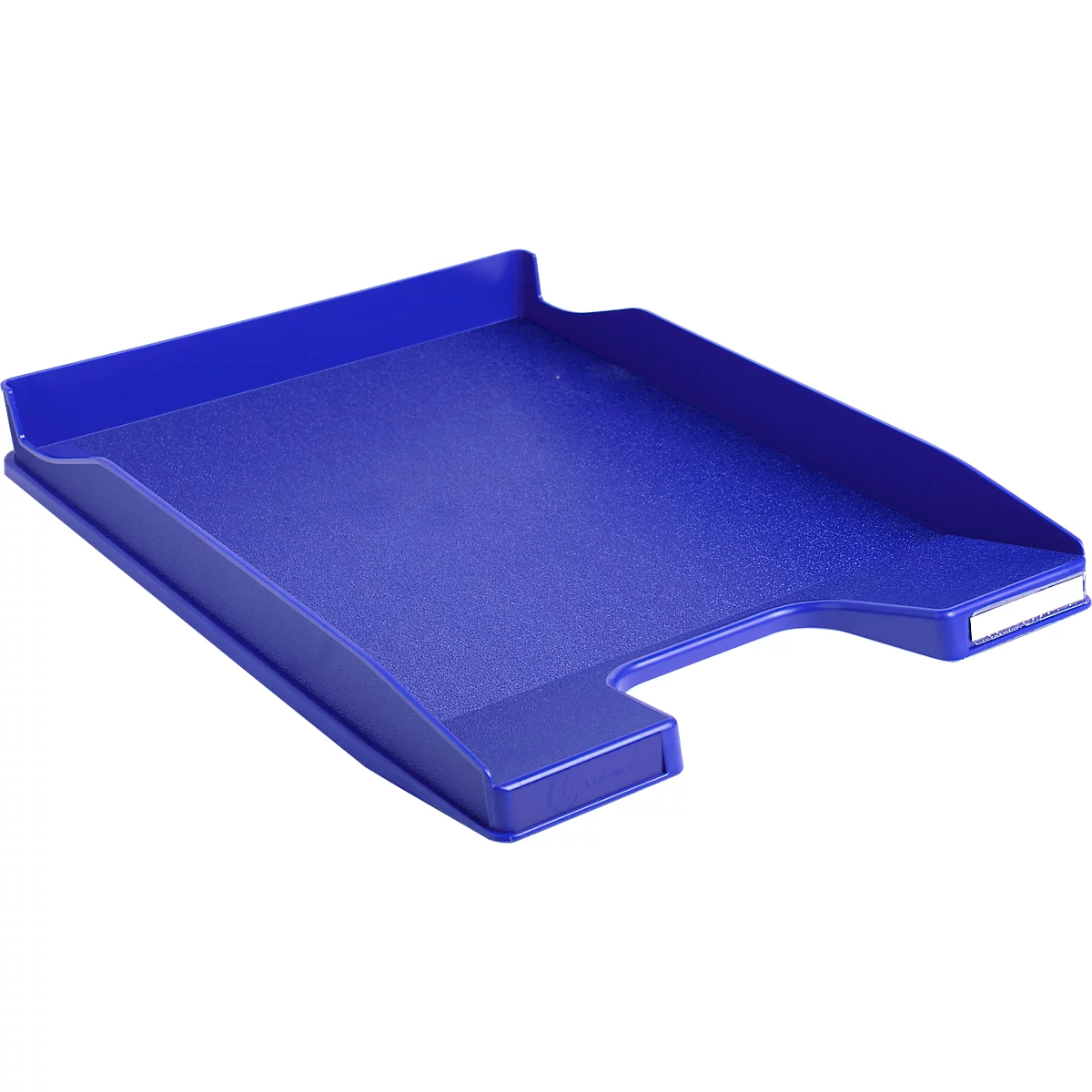 Bac en plastique bleu, légèrement incliné. Le bord supérieur est relevé.