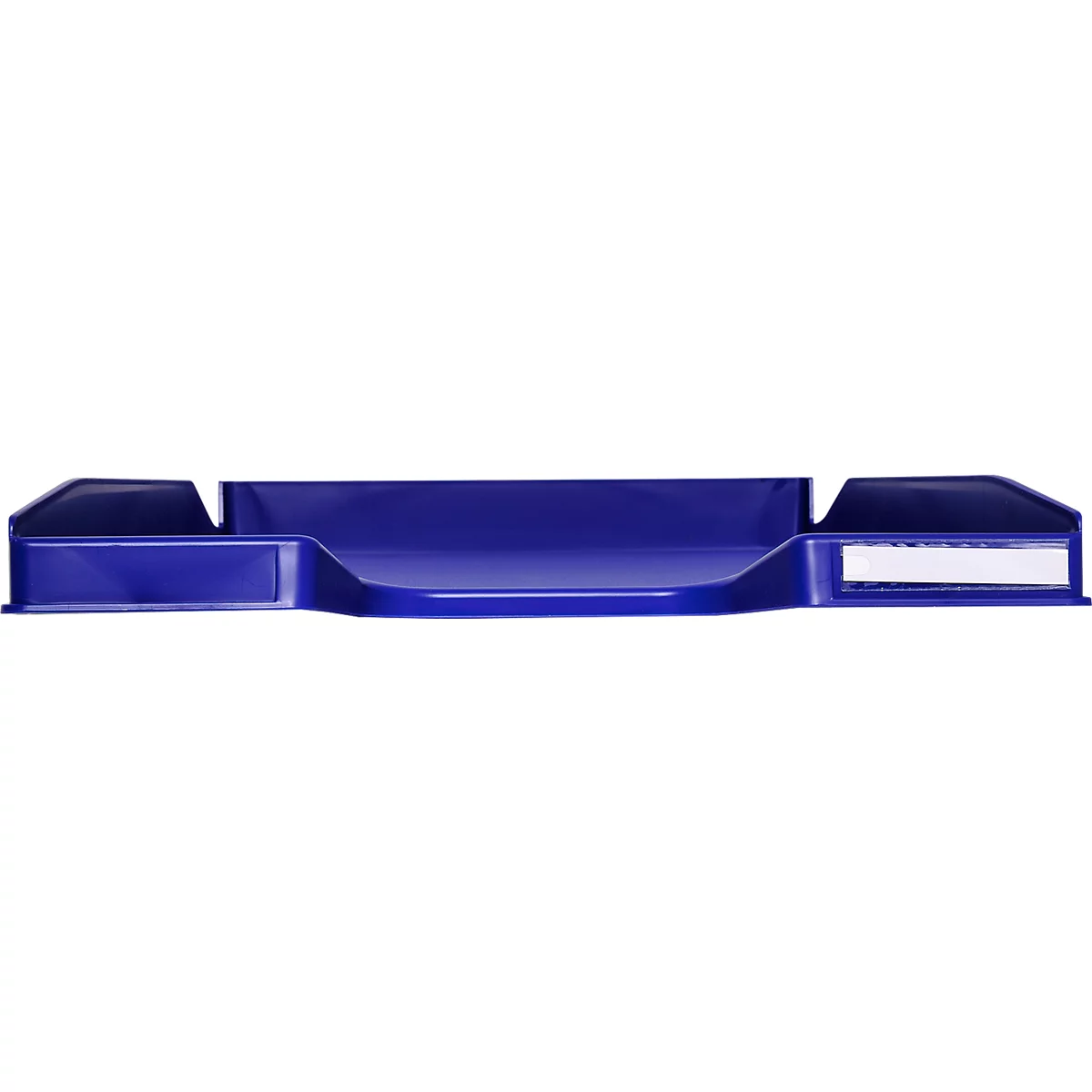 Bac de rangement de bureau bleu. Il est rectangulaire avec un passage en forme de U et deux compartiments latéraux.