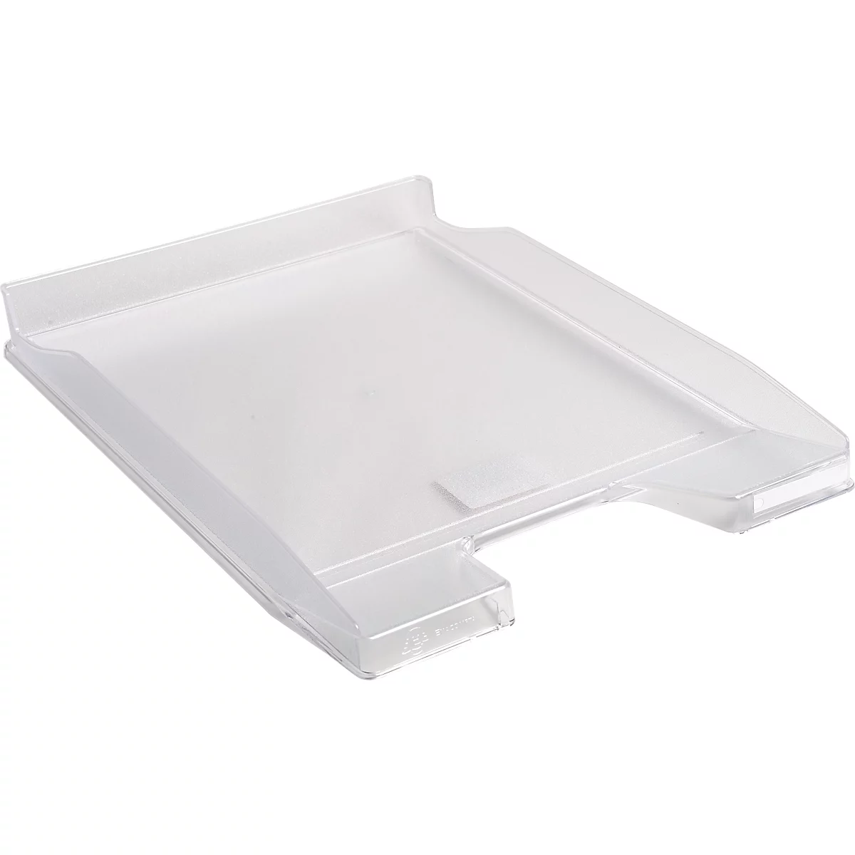 Plateau en plastique rectangulaire transparent avec bords surélevés et une découpe.