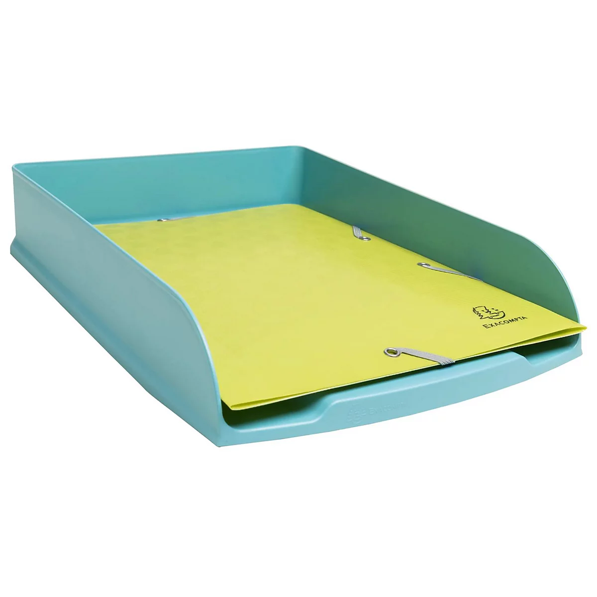 Bac à documents bleu clair avec papier jaune, bord légèrement surélevé et attaches argentées.