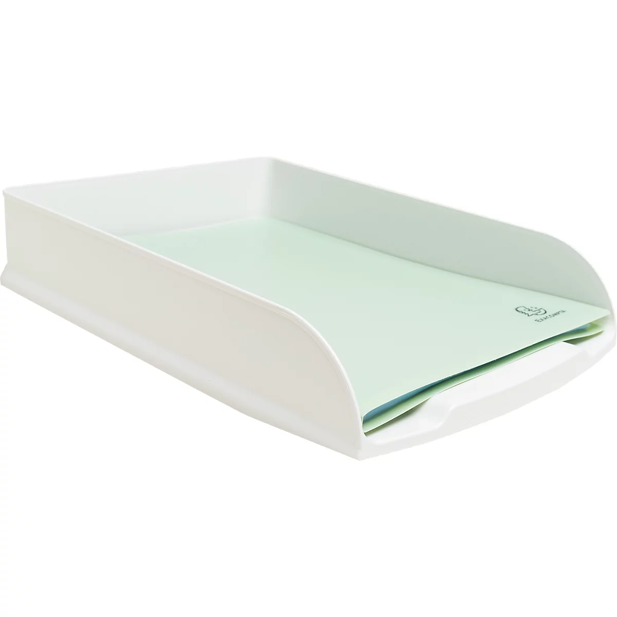 Un bac à papier blanc et plat avec des côtés arrondis. A l'intérieur se trouvent des papiers verts et bleus.