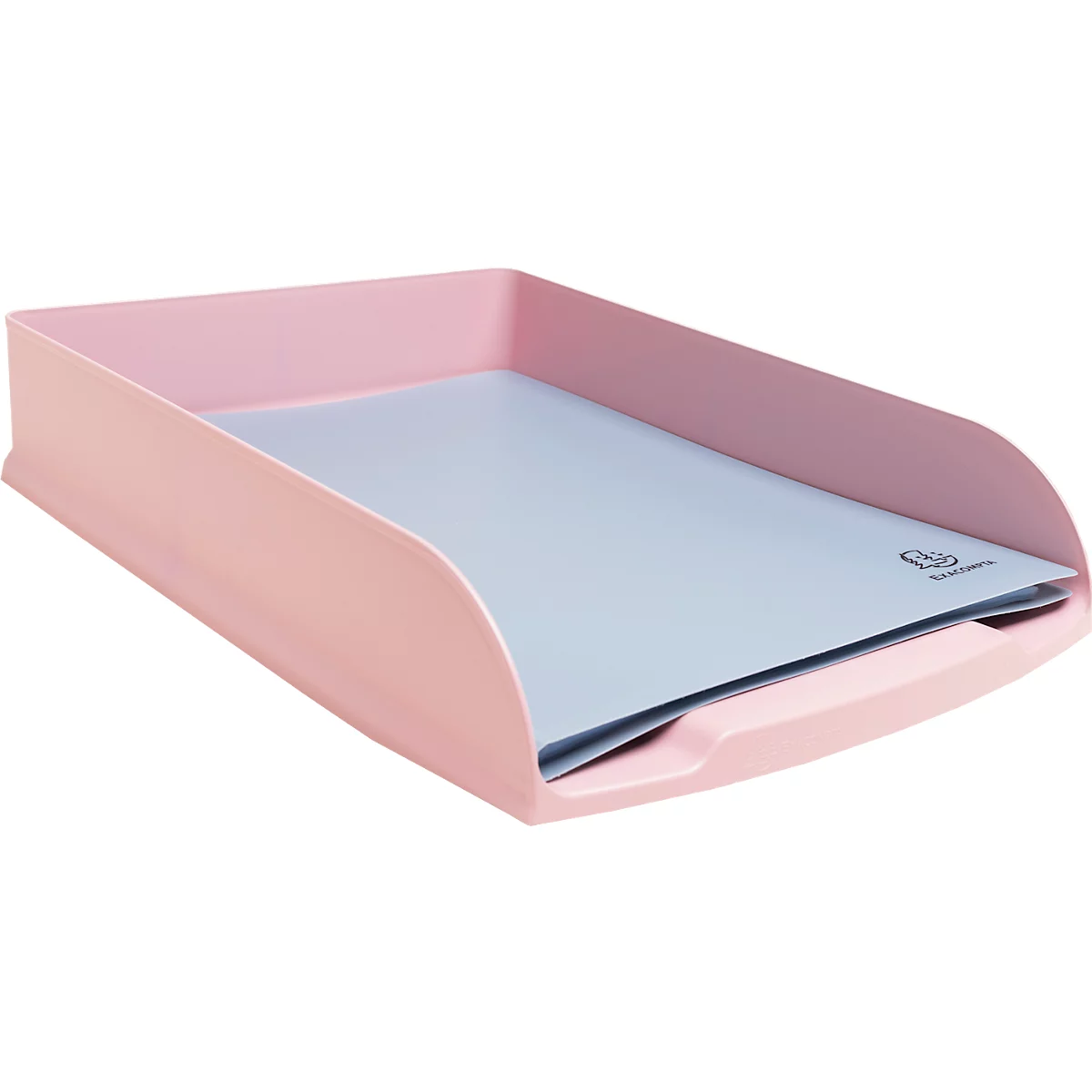 Bac rose clair avec papier bleu, vue latérale.