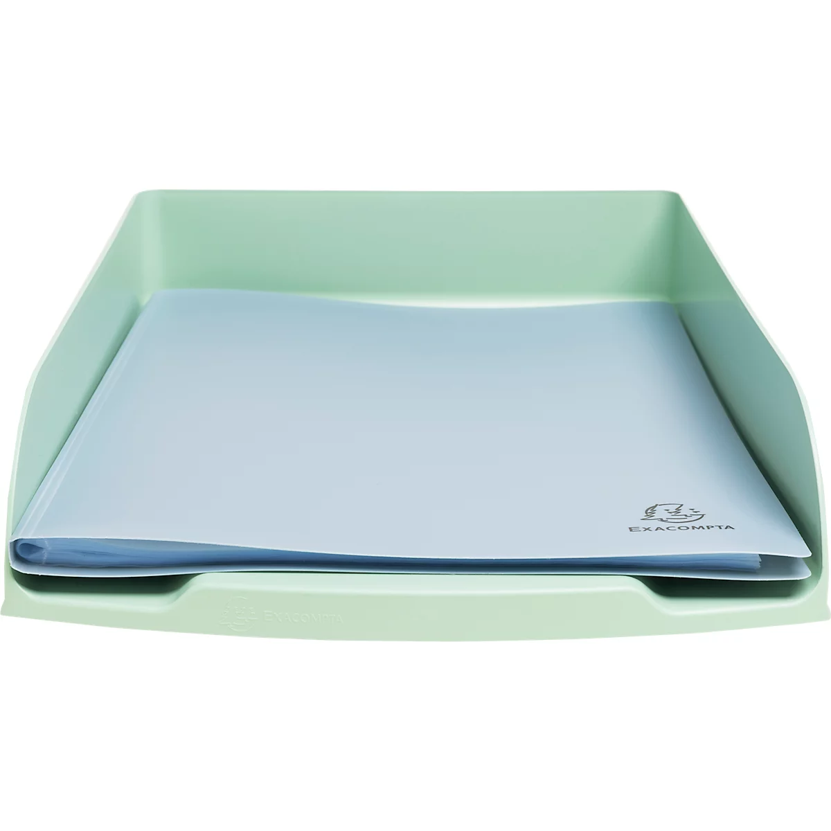 Bac de rangement vert clair avec papiers bleu clair. Sur une feuille, le texte EXACOMPTA.